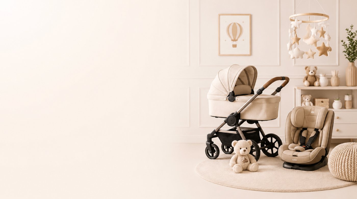 Quarto de bebê com berço de madeira, poltrona creme e detalhes em rosa