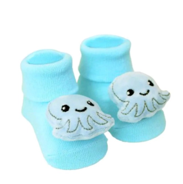 Pantufa Meia Infantil Baby Antiderrapante Azul com Chocalho Polvo - Clingo
