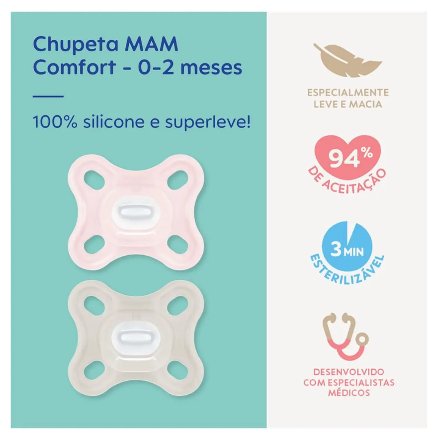 Kit Chupeta MAM Confort 2 Unidades 0-2 Meses + Clip it MAM - 2